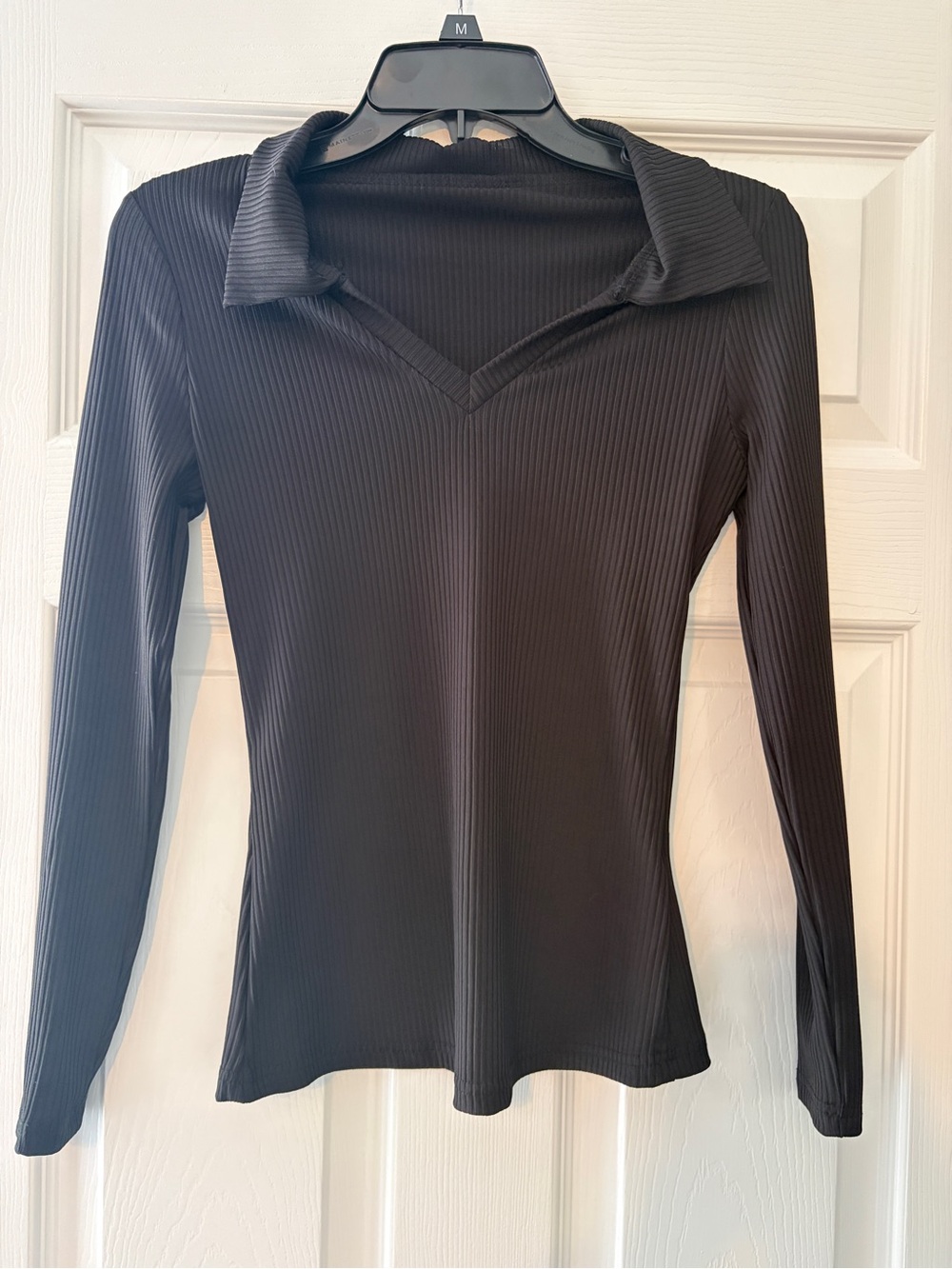 Black Ribbed Long-Sleeve V-Neck Polo Top